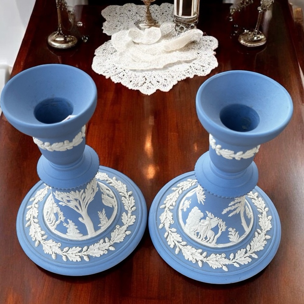 Vintage Wedgwood Jasperware Candlestick Pair Blue & White Neoclassical Elegance